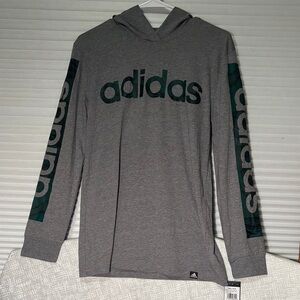 Adidas Heather Gray Hooded Ling Sleeve Tee with Dark Green Accents NWT